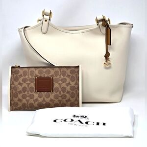 Coach Cream Leather Shoulder Tote with Brown Signature Pouch and Gold Hardware